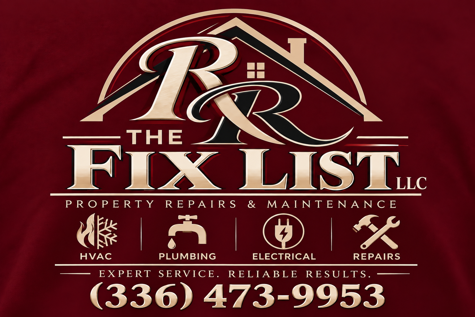 The Fix List LLC gold RR logo with HVAC, plumbing, electrical and repairs icons and phone (336) 473-9953